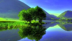 artwork nature Mountains Trees reflection