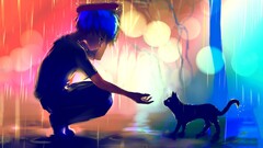 artwork rain cats apofiss blue hair bokeh anime girls lights red