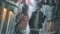 artwork rain umbrella street anime boys Anime
