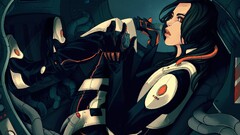 artwork science fiction Women red eyes dark hair