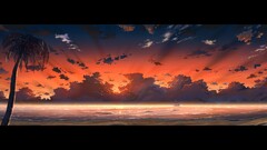 artwork Sea clouds sky palm trees Anime horizon