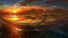 artwork sky clouds sunlight field Anime