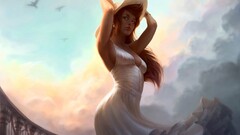artwork Women fantasy girl white dress hat arms up low-angle