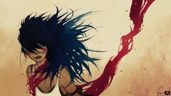 artwork Women long hair blue hair red blue looking away windy