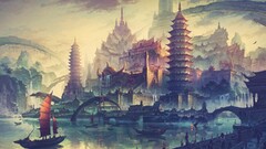 Asia drawing boat fantasy city fantasy art artwork