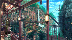 balcony waterfall Anime anime girls cityscape