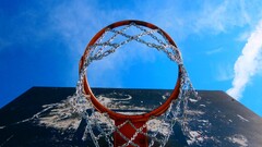 basketball sky worm's eye view nets hoop cyan blue chains