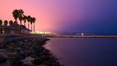 beach dusk sky cityscape lights palm trees