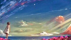 beach sky clouds Anime