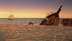 beach sky wreck sand boat horizon Sea coast sailing ship