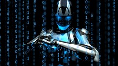 binary render numbers robot digital art futuristic blue eyes