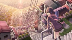 bird's-eye view sunset building stairs headphones power lines