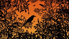 Birds orange black artwork Plants silhouette Animals leaves