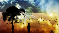Birds Trees digital art rabbits planet sky clouds children