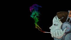 black smoking artwork headphones smoke Women Simple Background