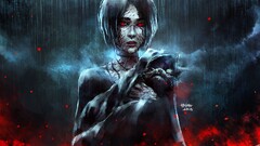 blood red eyes NanFe artwork rain fantasy art fantasy girl