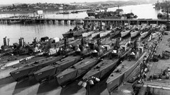 boat dock military submarine vehicle vintage monochrome