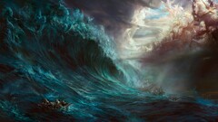 boat War Sea waves storm ship magic water gods artwork
