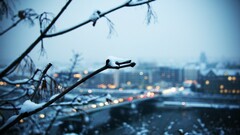 bokeh snow winter cityscape