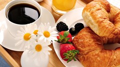 Breakfast coffee food strawberries Flowers bread