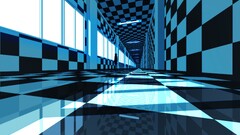 building blue checkered tunnel hallway reflection cgi Anime