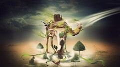 Camels surreal wheels smoke snake Chickens Trees desert artwork