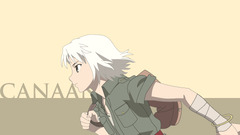 Canaan white hair short hair beige background text running