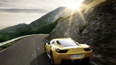 Car Ferrari road numbers Mountains asphalt racing yellow cars