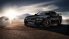 Car Nissan Nissan Skyline GT-R R34 brake glow front angle view