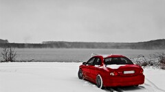 Car vehicle red cars Jaguar X-Type selective coloring winter