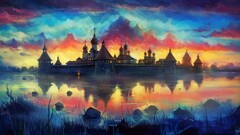 castle artwork Lake clouds colorful fantasy city fantasy art