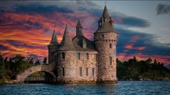castle sunset tower water Trees ancient