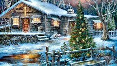 Christmas artwork christmas tree snow House