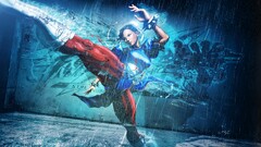 chun-li street fighter kick video game art cyan blue rain