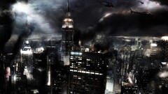 City building apocalyptic digital art dark night helicopter