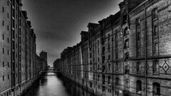 City building hamburg speicherstadt canal monochrome