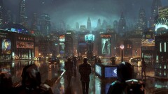 City rain futuristic city cityscape science fiction dark night