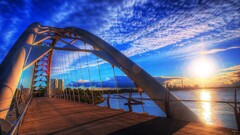 cityscape Bridge sunset clouds Sea sky sunlight