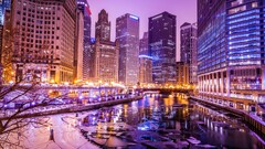 cityscape building hdr river ice lights Chicago USA