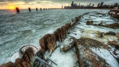 cityscape building hdr Sea stones sunset ice Chicago USA