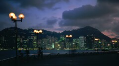 cityscape City night Mountains architecture street light clouds