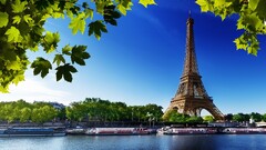 cityscape France Paris river leaves Eiffel Tower seine