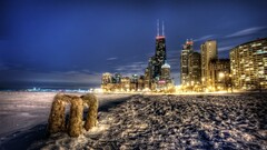 cityscape hdr snow building lights Chicago USA