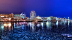 cityscape night Lake Chicago pier