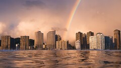 cityscape rainbows water City