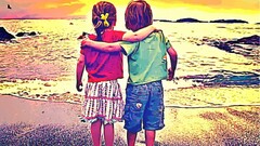 couple children digital art beach sunset nature
