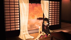 curtains jigoku shoujo dark hair sitting legs barefoot Anime