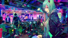 cyberpunk headphones vocaloid train station hatsune miku Metro