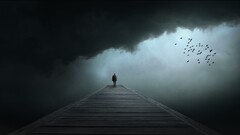 dark alone loneliness sad Birds clouds black People pier artwork