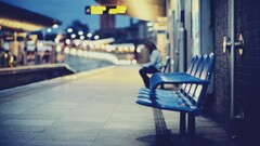 depth of field bokeh bench Bricks railway station night blue